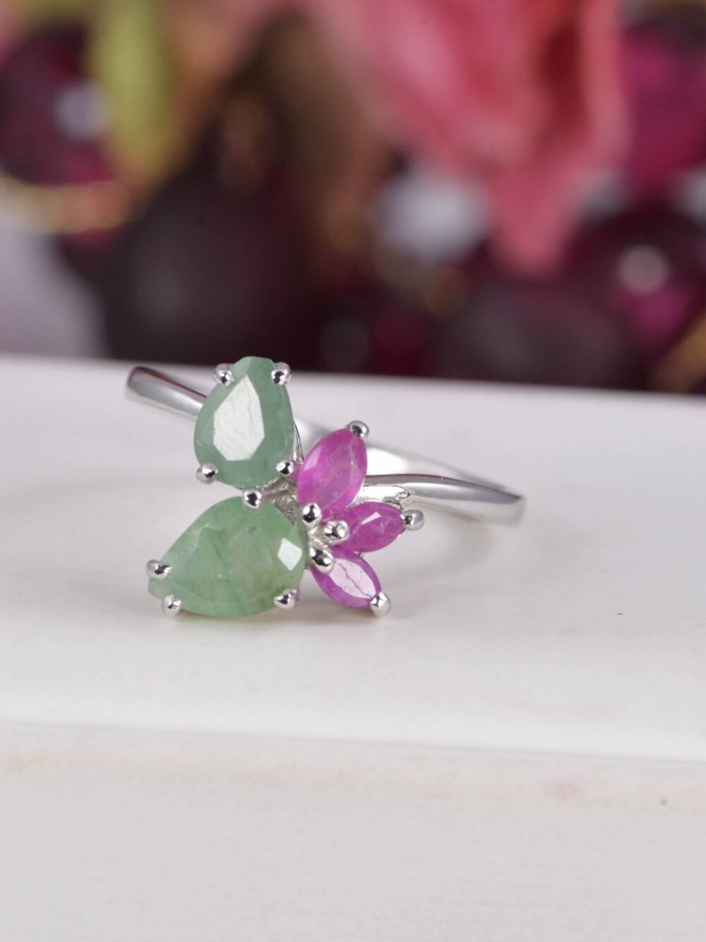 Natural Ruby and Emerald Ring in 925 Sterling Silver sz 9